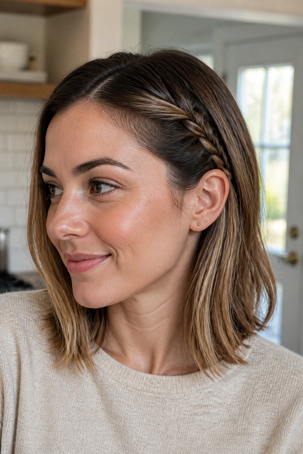 Close-up of real woman with small side braid on lob