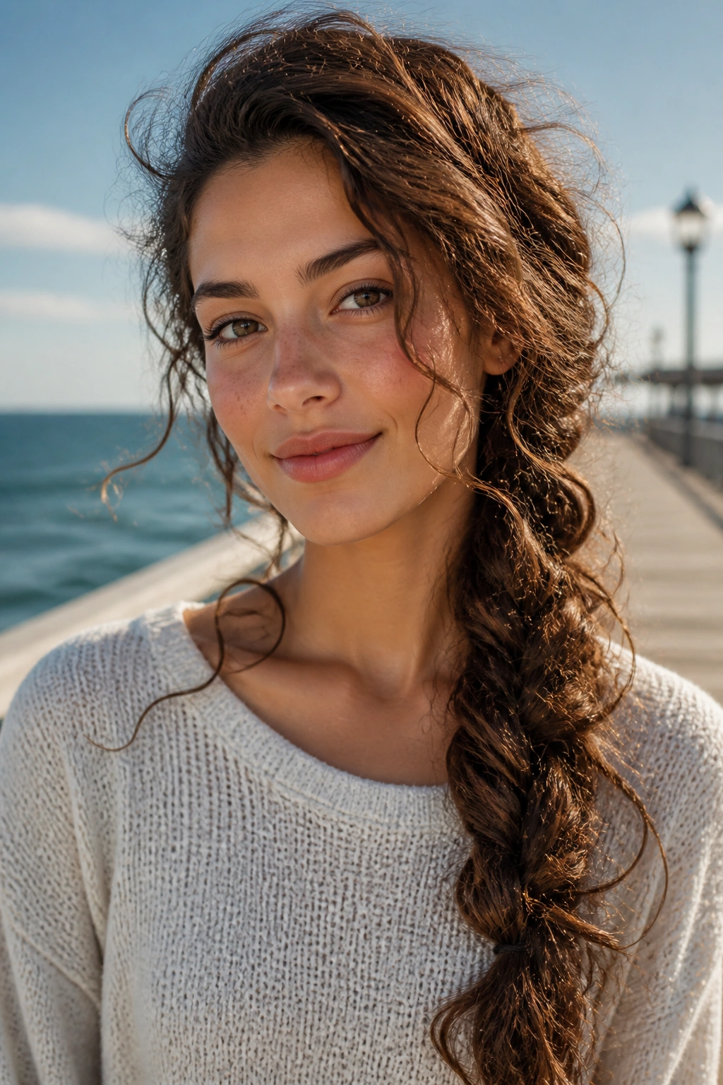 Close-up of a real woman with a side braid draped over one shoulder