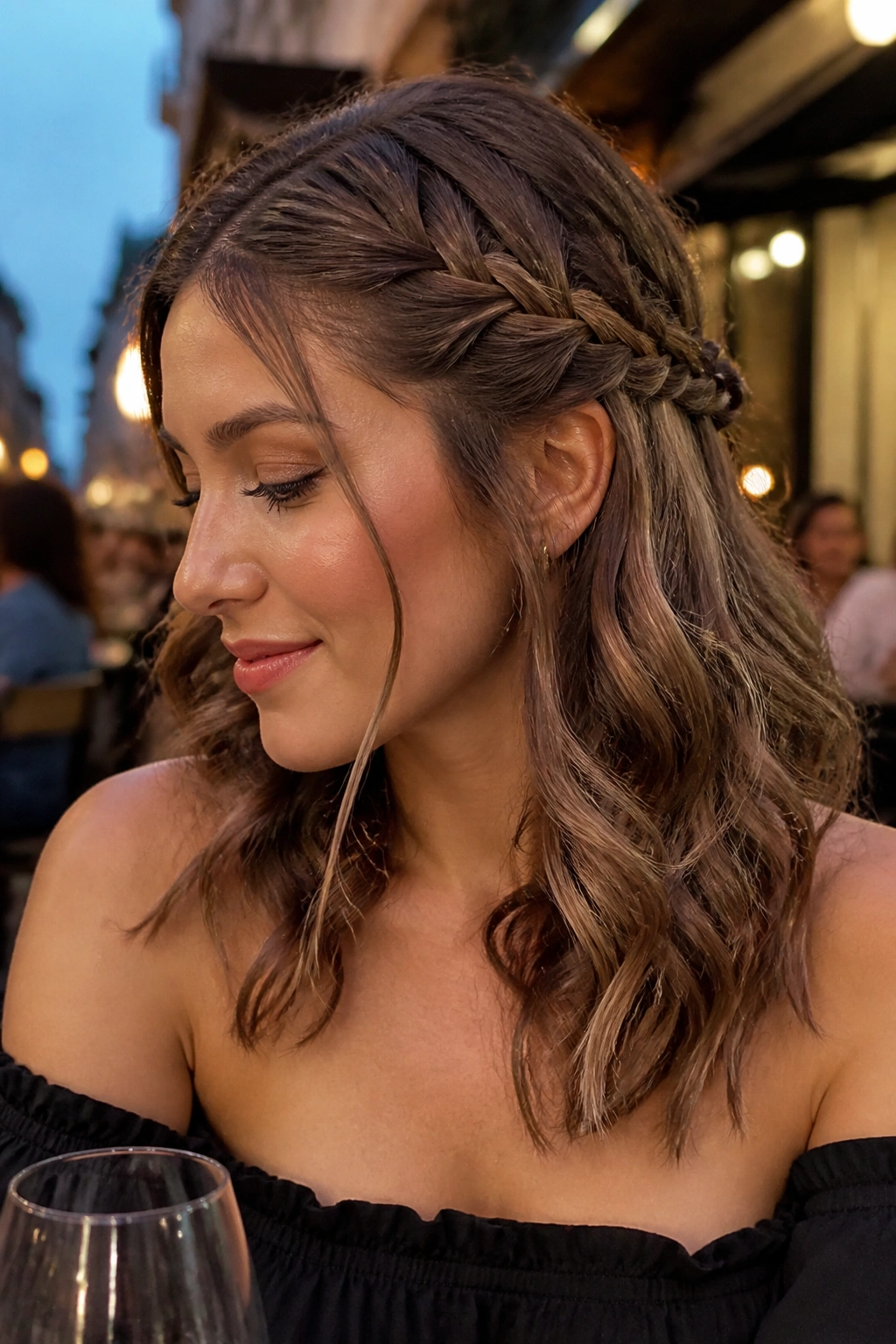 Close-up of a real woman with a side braid and loose curls