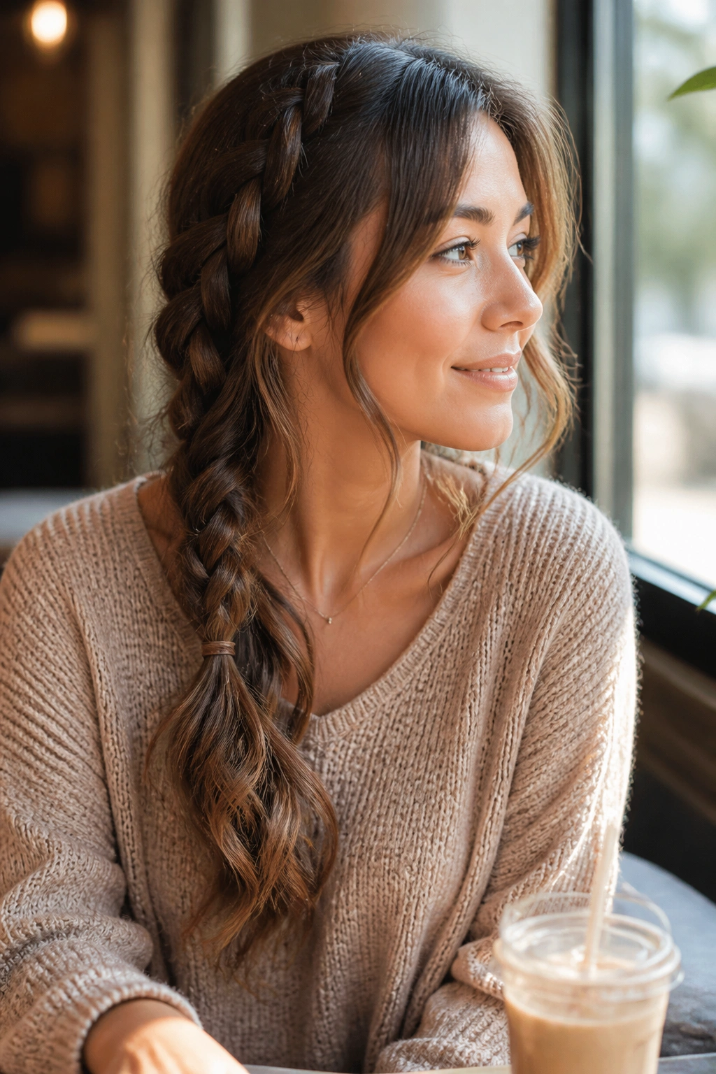 Close-up of a real woman with a side braid and loose wave ends in a sunlit cafe