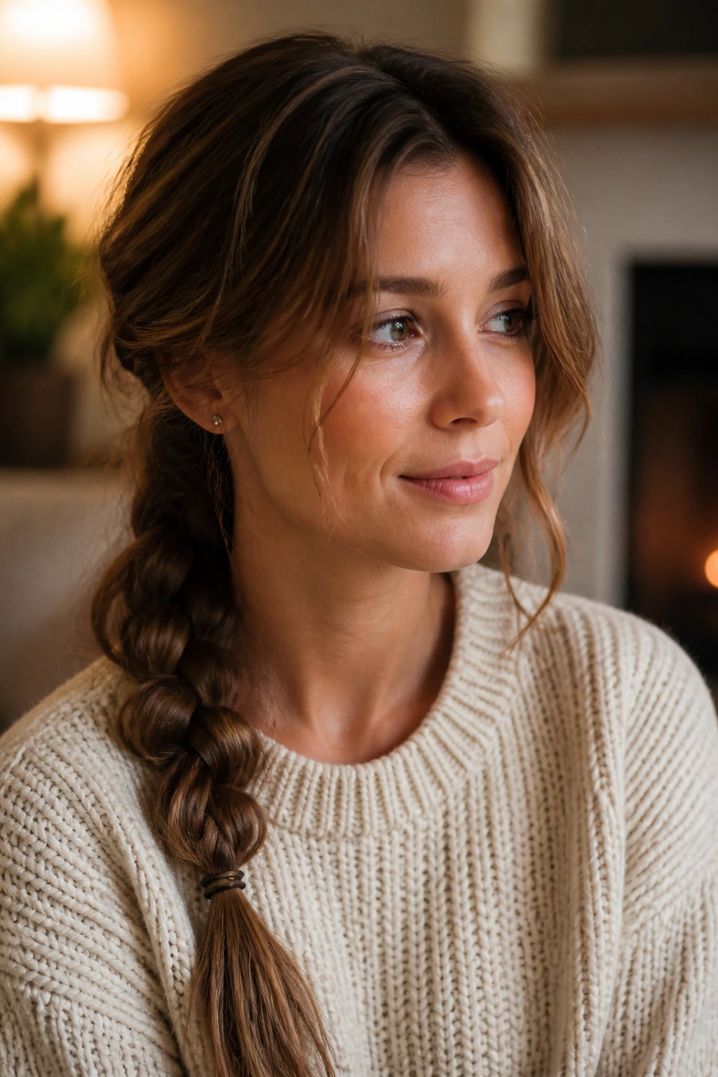 Close-up of a real woman with a loose side braid and slack
