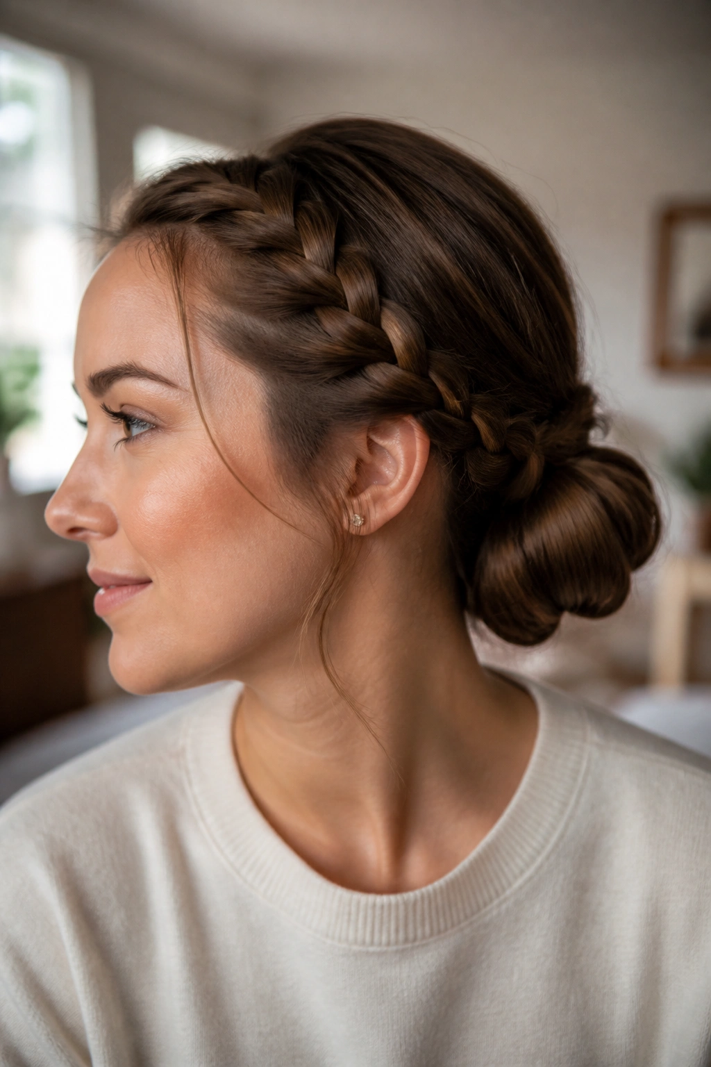 Close-up portrait of a real person showing a side braid leading into a low bun.