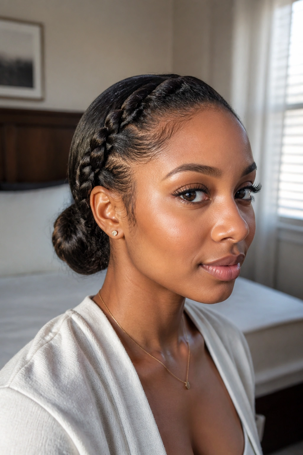 Close-up of a real woman's head with a single side braid flowing into a low bun in soft bedroom light.