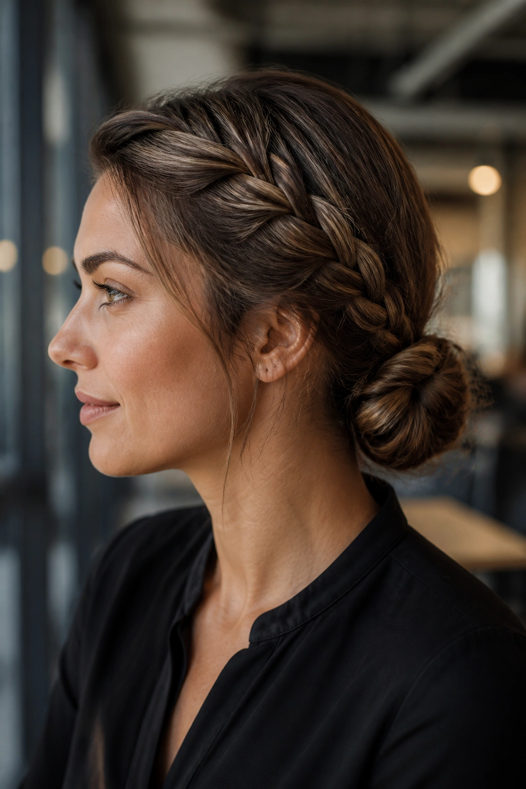Side-profile of a real woman with a side braid turned into low chignon in a workplace setting.