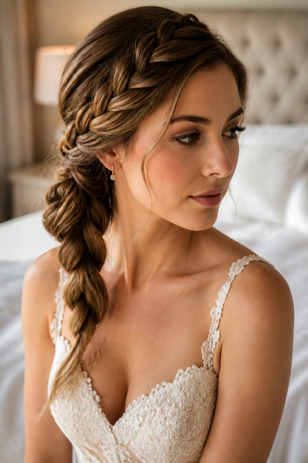 Close-up of a real bride with a side braid flowing into a low knot at the nape