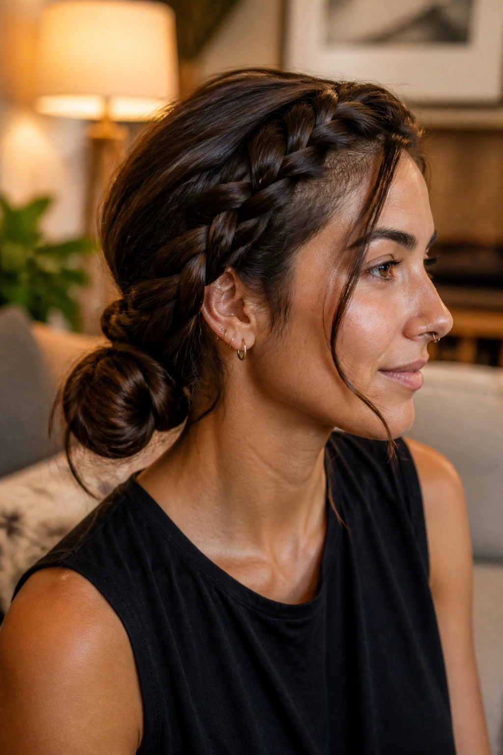 Real person with side braid forming a low knot at the nape