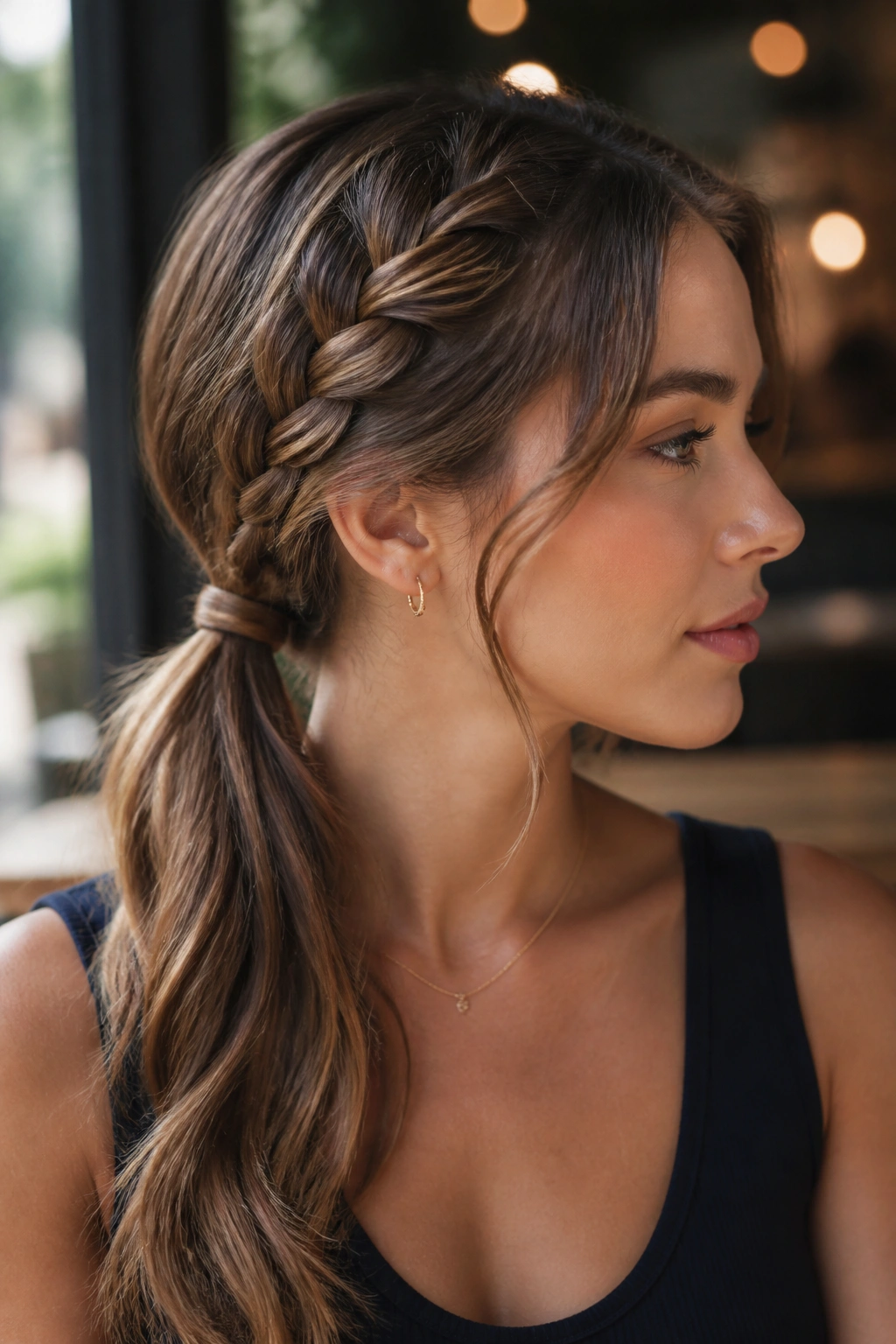 Close-up of a real woman with a side braid into a low ponytail