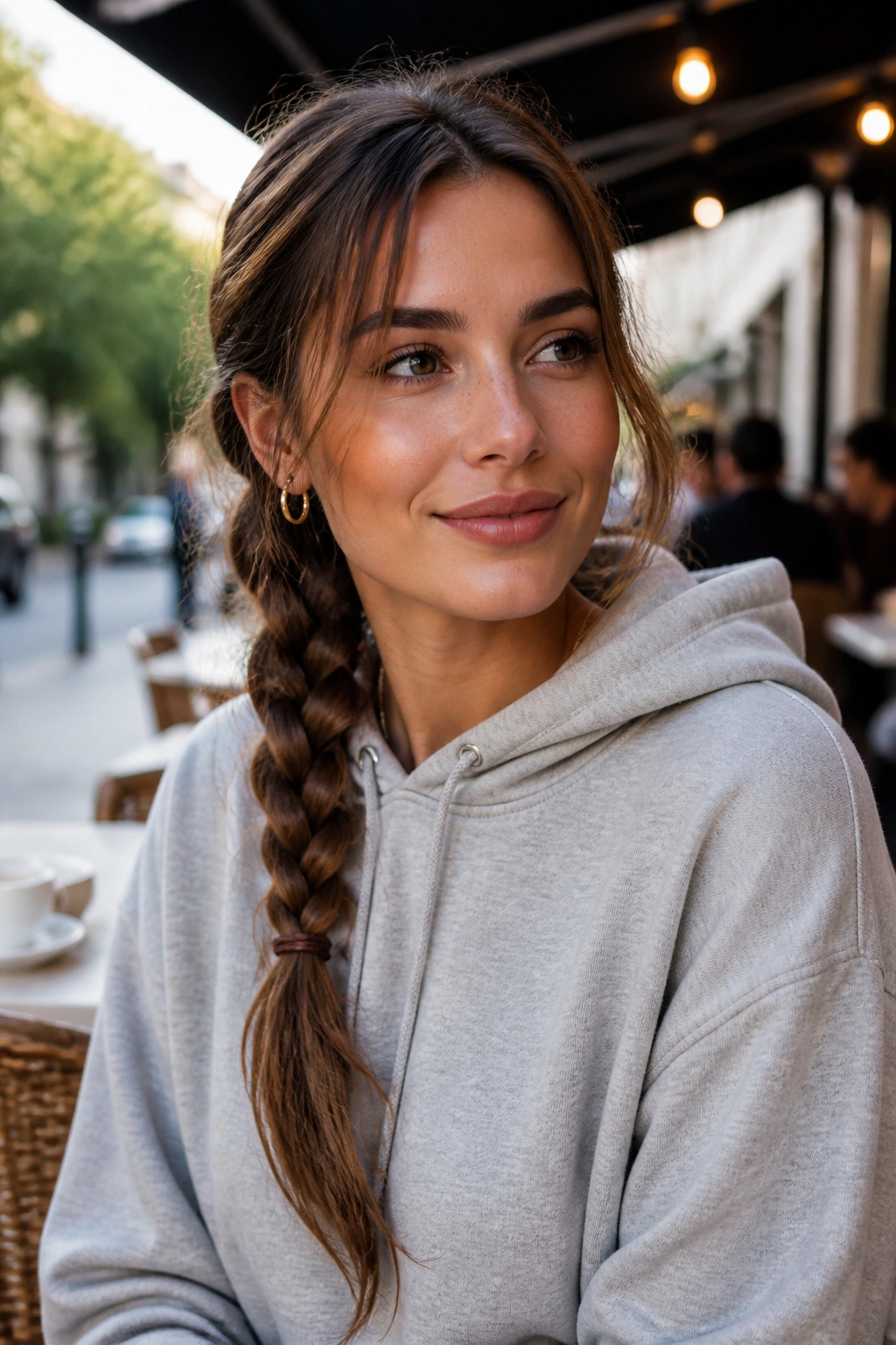 Close-up portrait of a real person with a side braid over the shoulder.