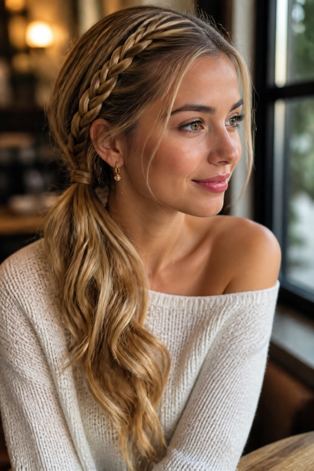 Close-up of a real woman with a side-braid ponytail