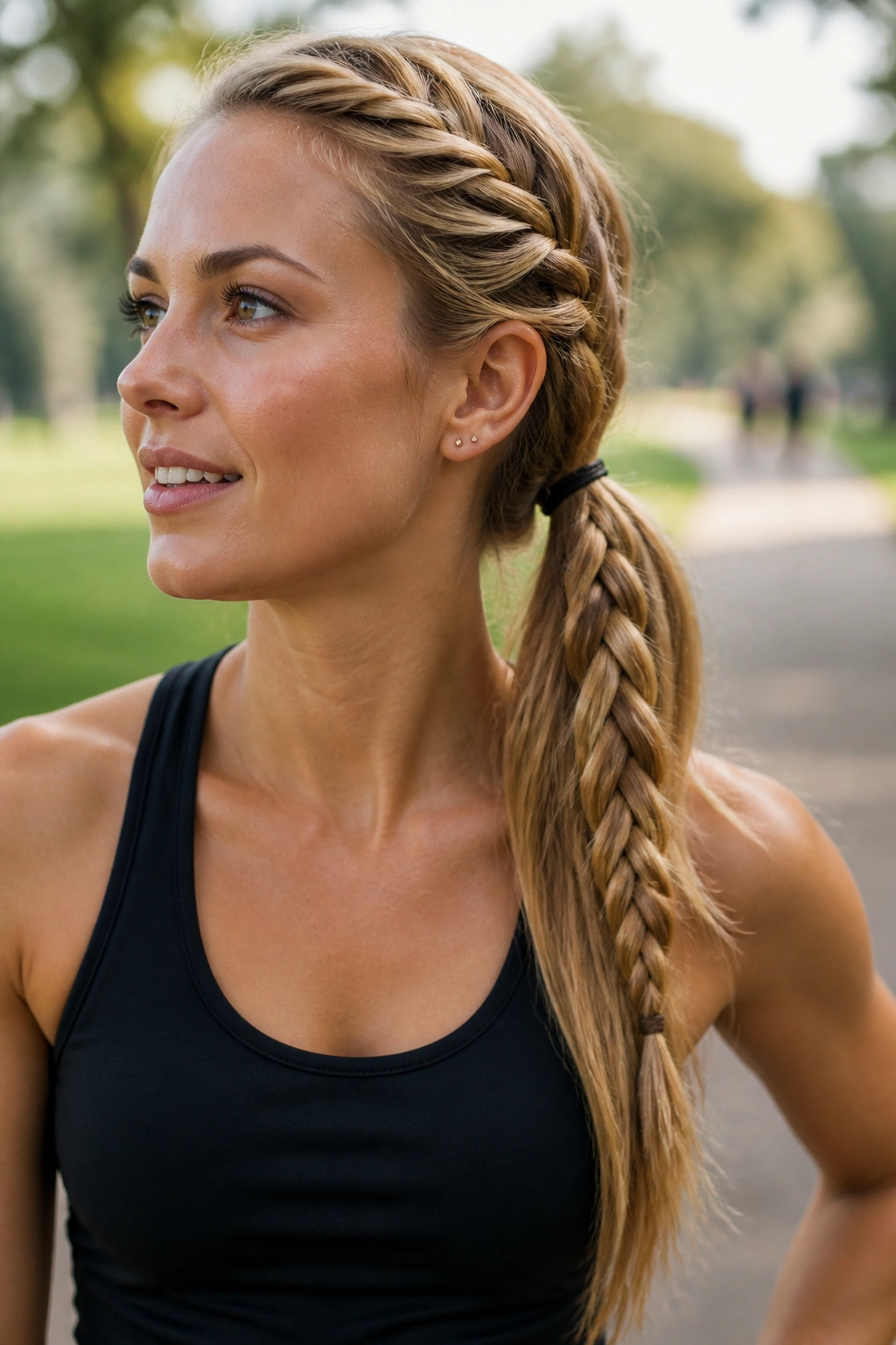 Close-up of a real woman wearing a side braid ponytail suitable for active days.