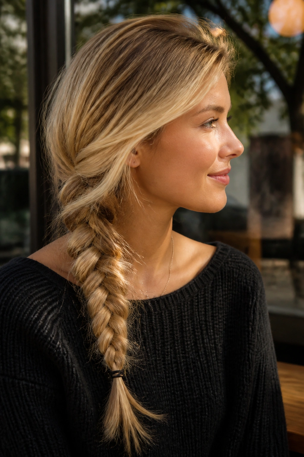 Side profile of a real woman with a side braid over the shoulder