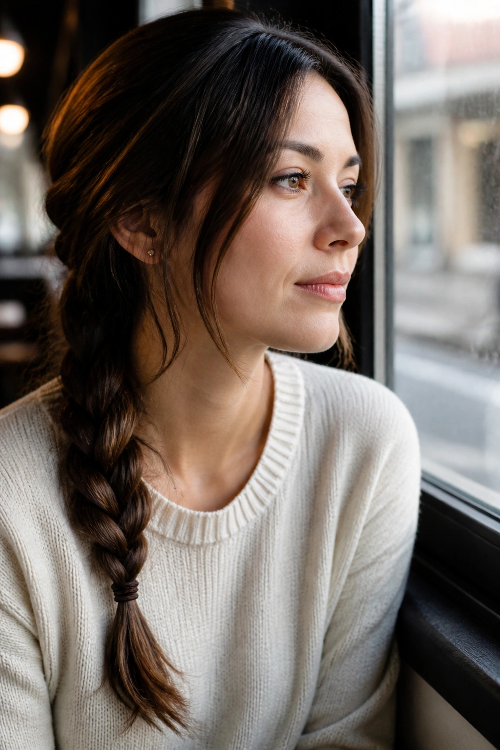 Close-up of a real woman with a side braid draping over her shoulder in cafe window light