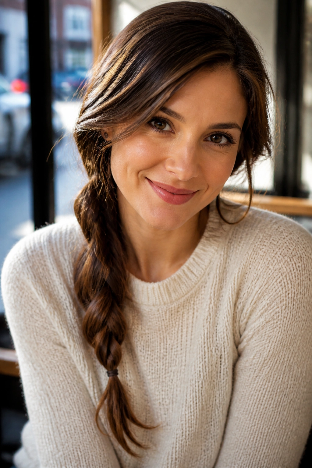 Close-up of real woman wearing a loose side braid over one shoulder in warm natural light.