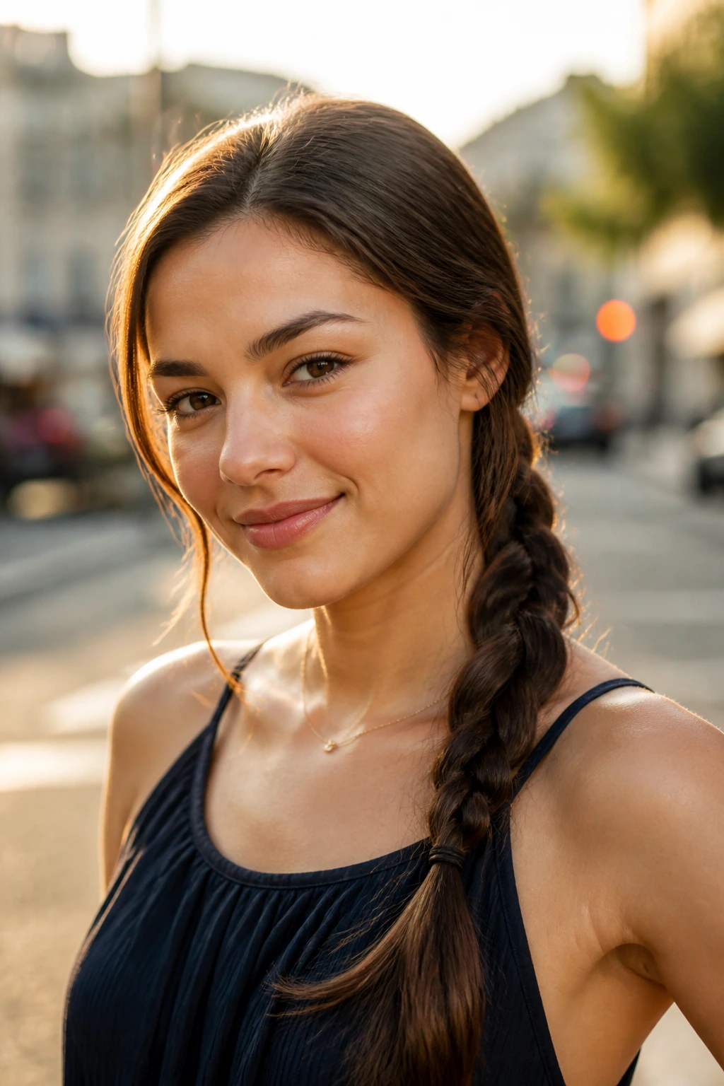 Close-up portrait of a person with a side braid over the shoulder on a city street