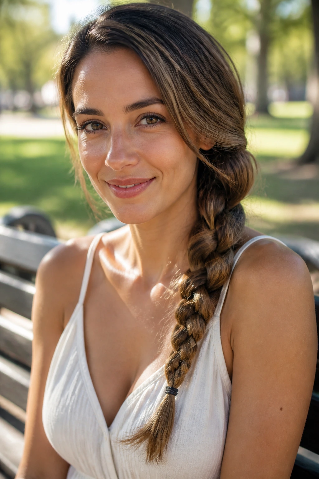 Close-up of a real woman with a loose side braid in natural light
