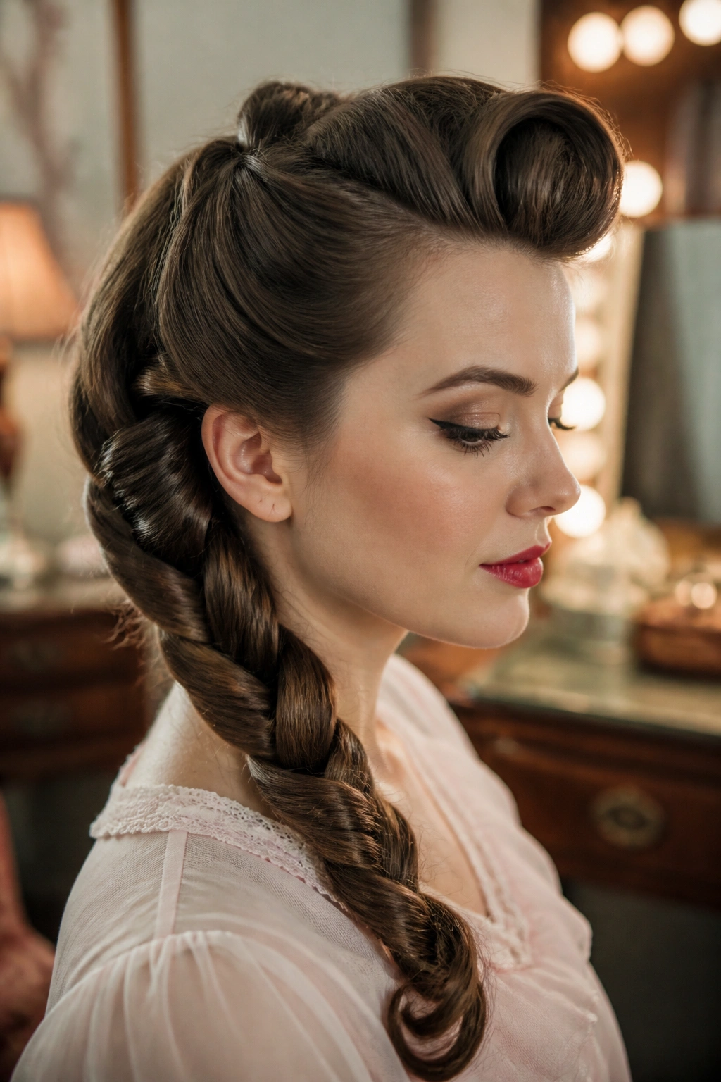 Real woman with rolled-front and side braid, three-quarter view.