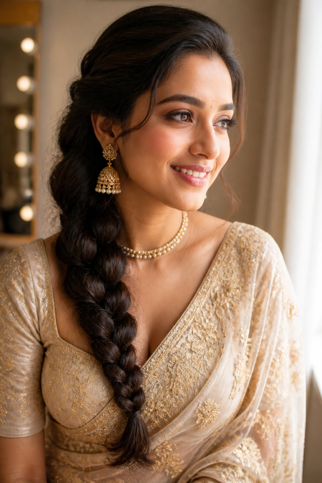 Close-up portrait of a real woman with a thick side braid over one shoulder, saree pallu.