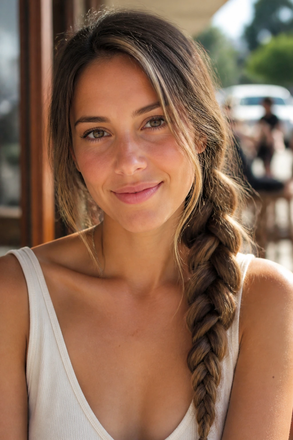 Close-up of a real woman with a side braid over one shoulder in daylight