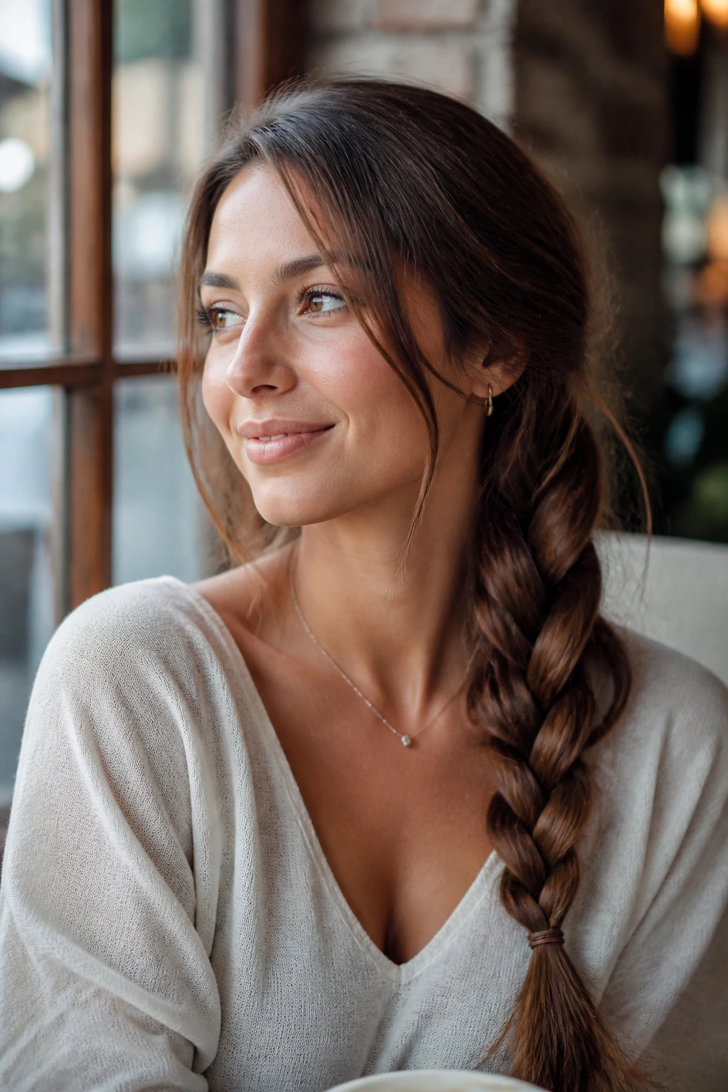 Close-up of a real woman with a loose side braid over one shoulder in natural light