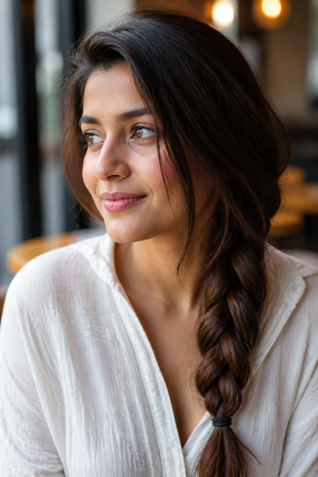 Close-up of a real woman with a side braid over one shoulder in natural light