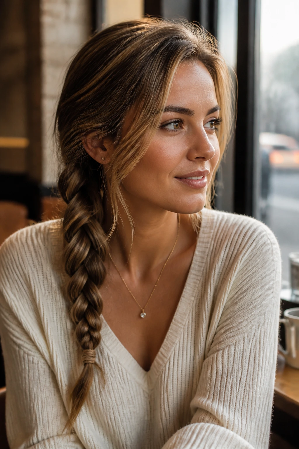 Close-up of a real woman with a side braid over one shoulder in warm natural light.