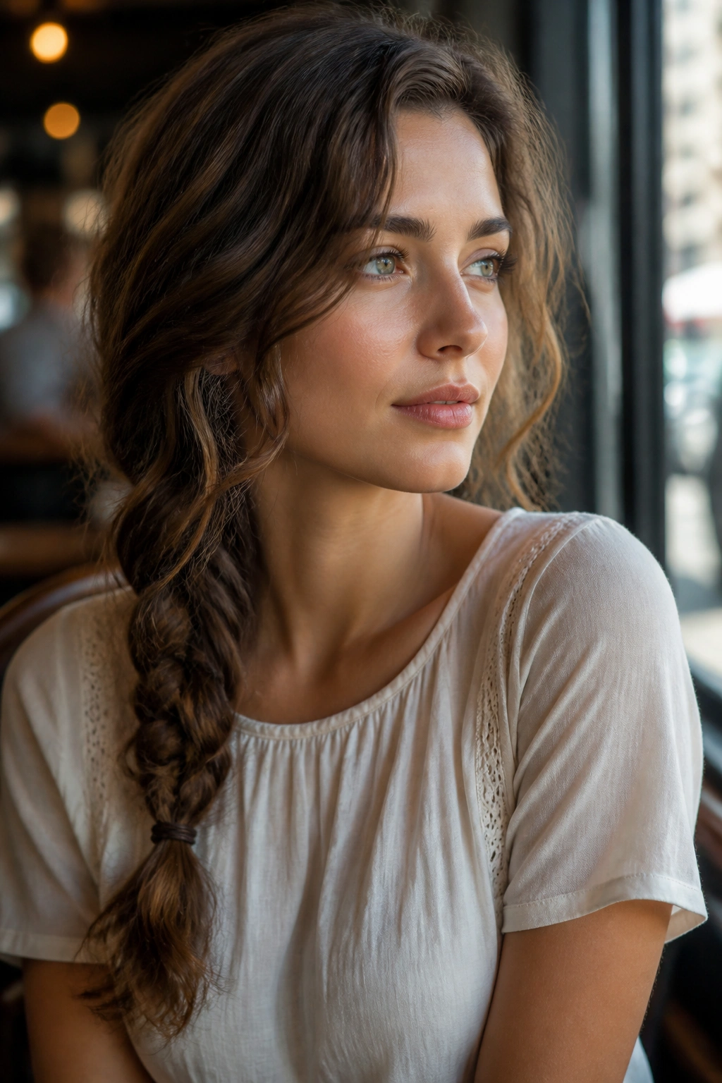 Close-up of a real woman with a side braid over one shoulder in cafe window light