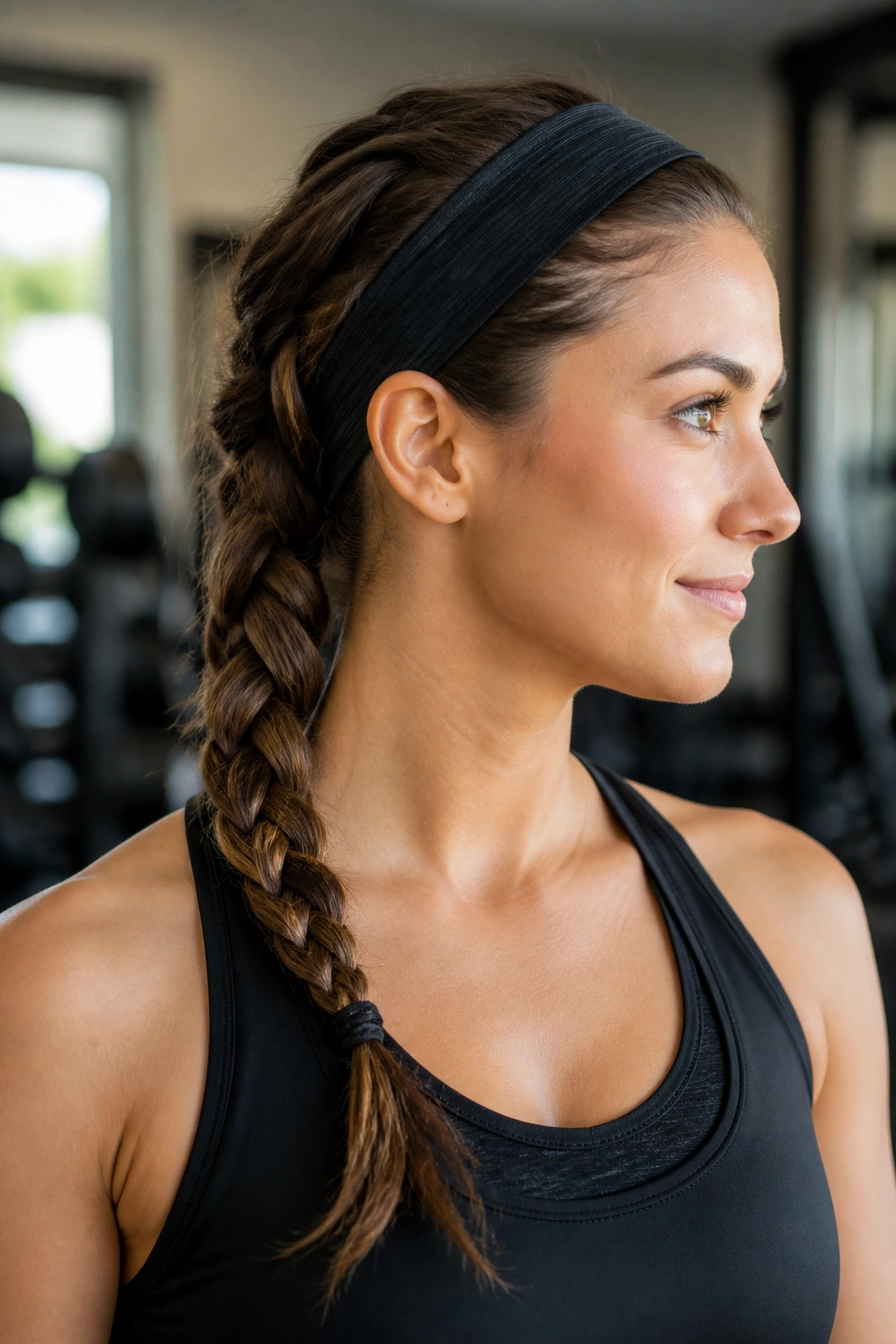 Profile portrait of a real person with side braid and swept-back headband in a gym