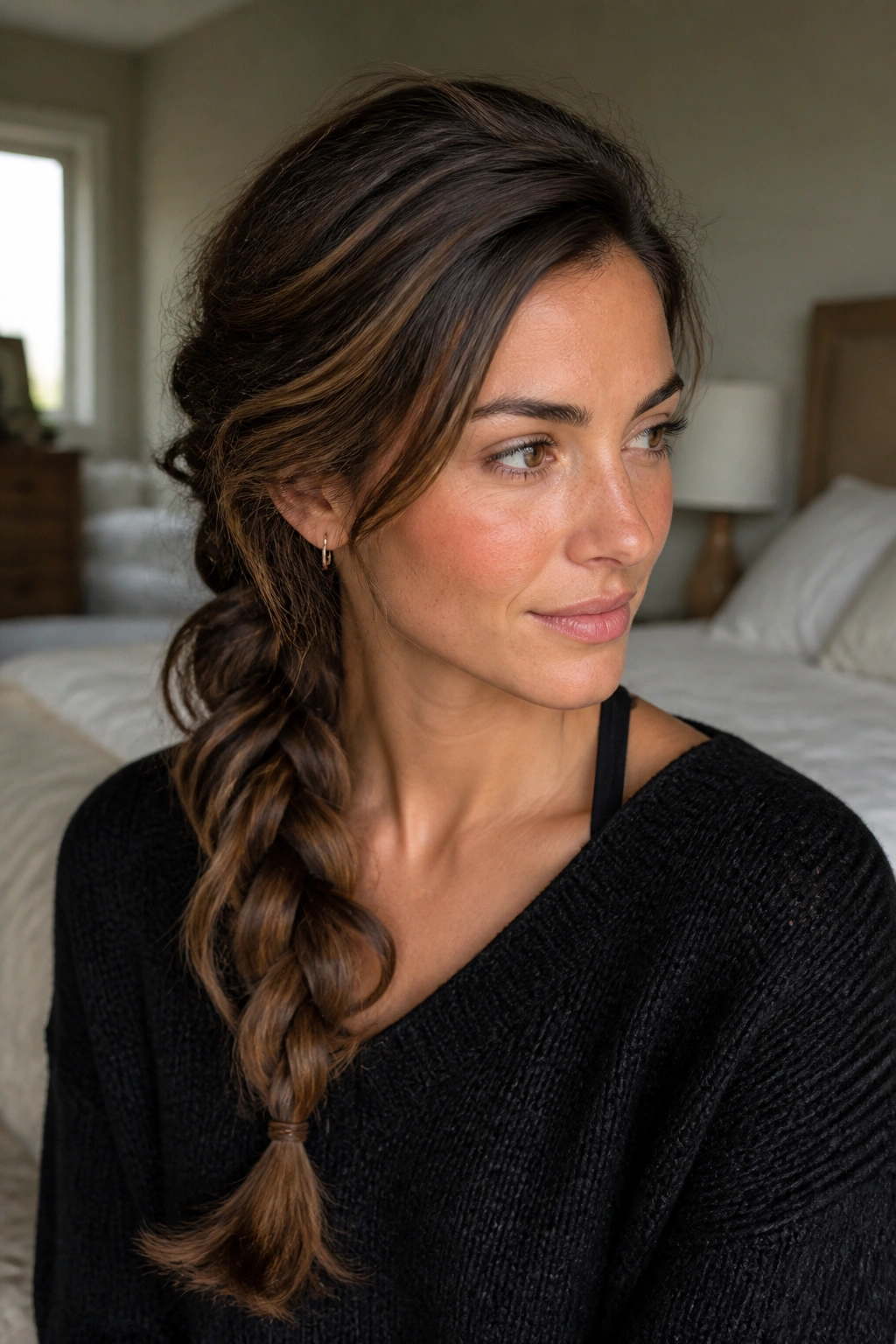 Close-up of a woman with a textured side braid over one shoulder in soft daylight.