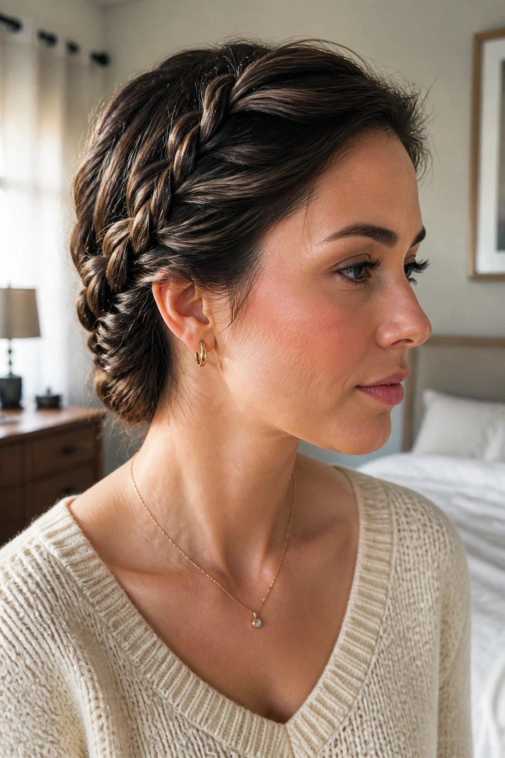 Close-up portrait of a real woman with a side braid tucked at the nape