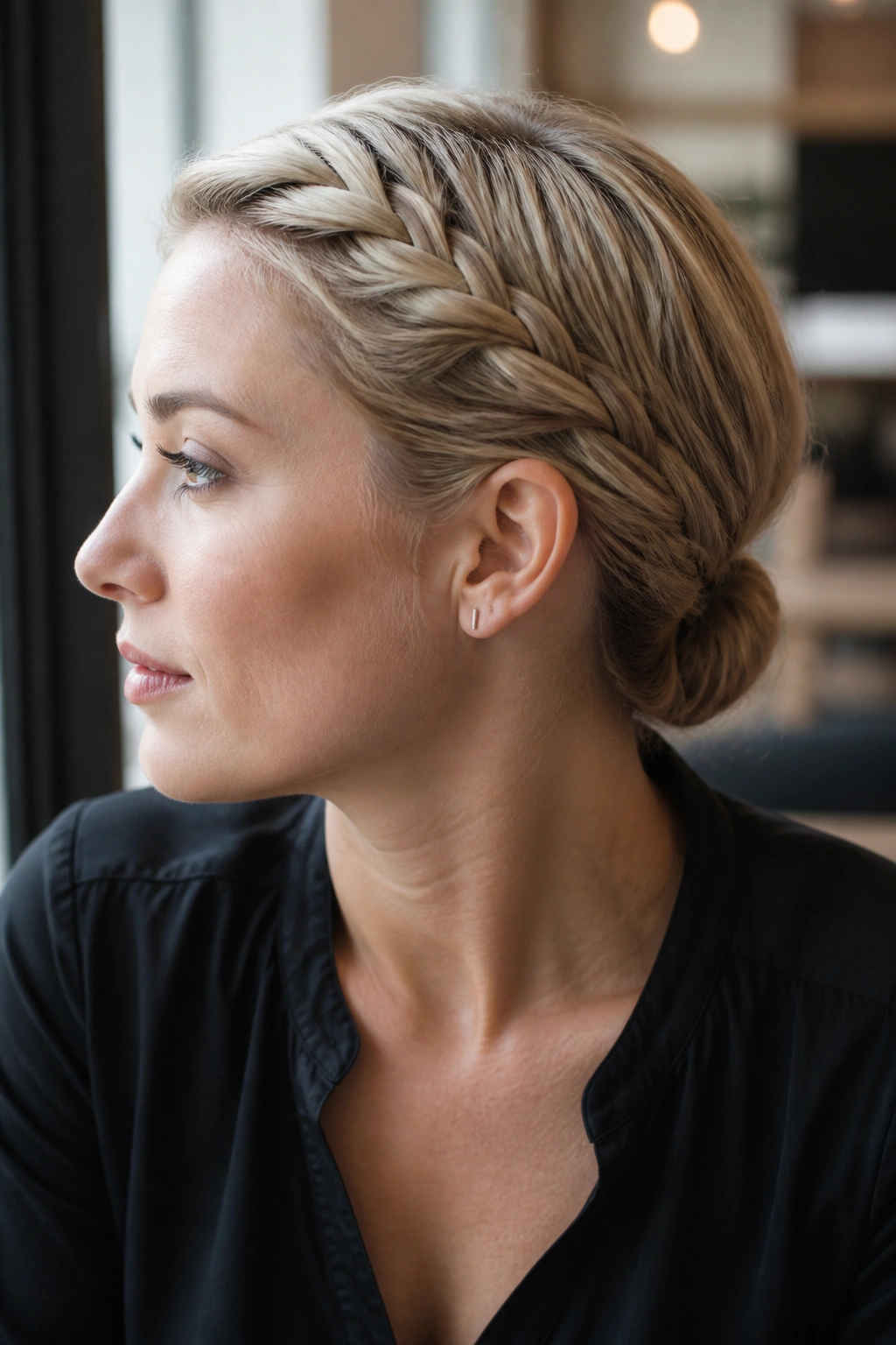 Close-up of a woman with a side braid and low twist at the nape in a bright setting