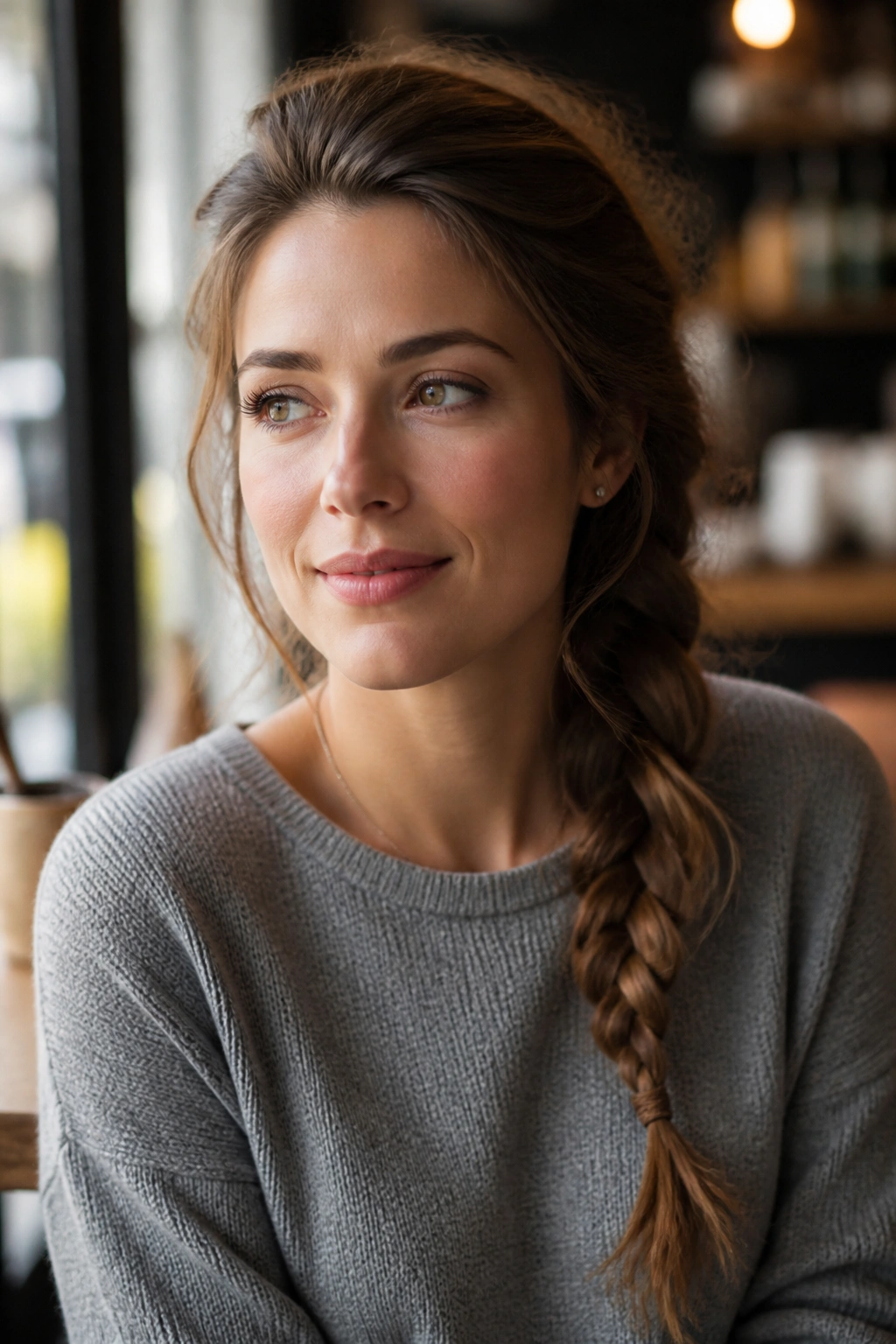 Close-up of a woman with a relaxed side braid and added volume