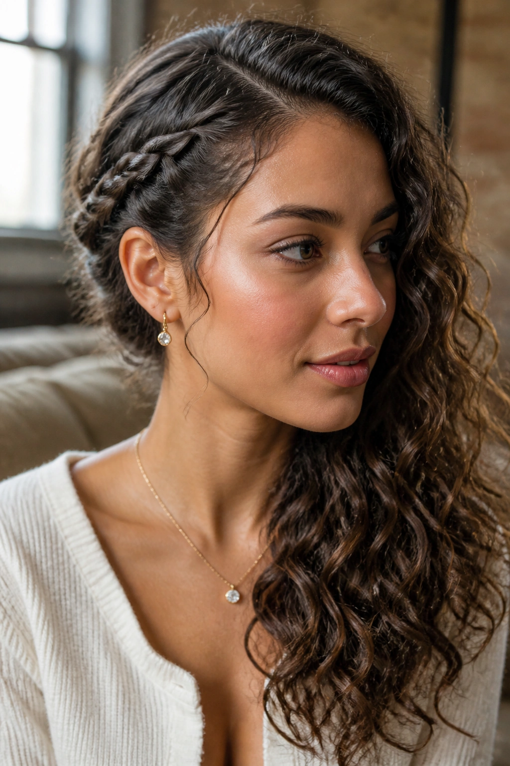Close-up of a real woman with a side braid and loose waves in warm window light