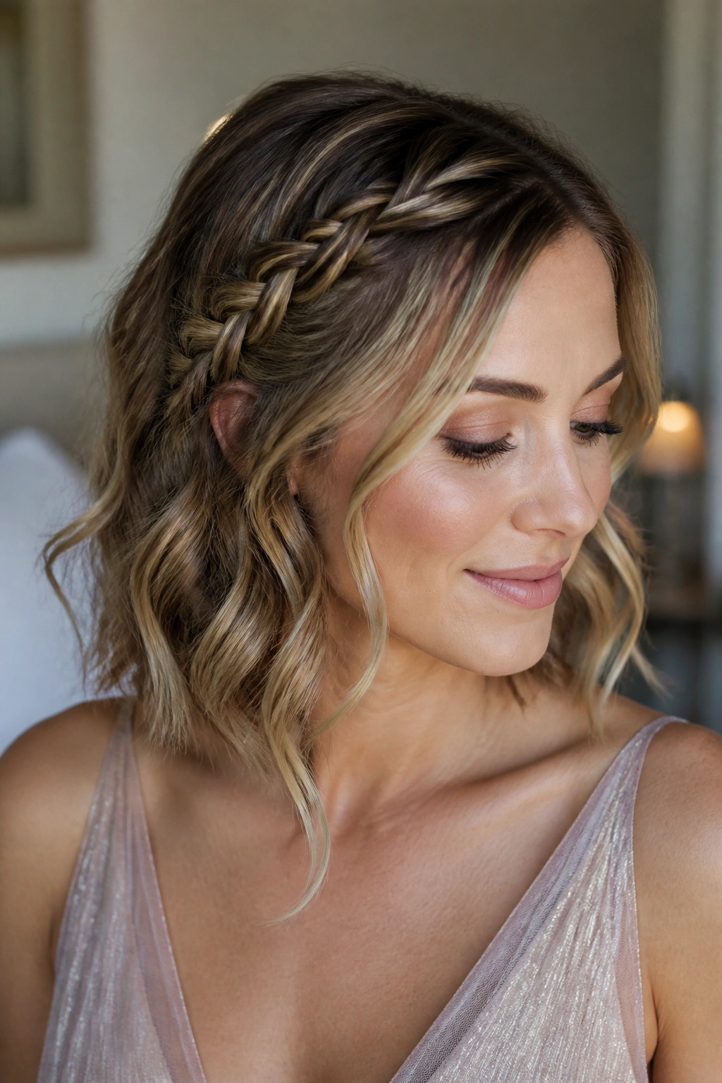 Close-up of a real woman with a temple-side braid merging into open waves for prom