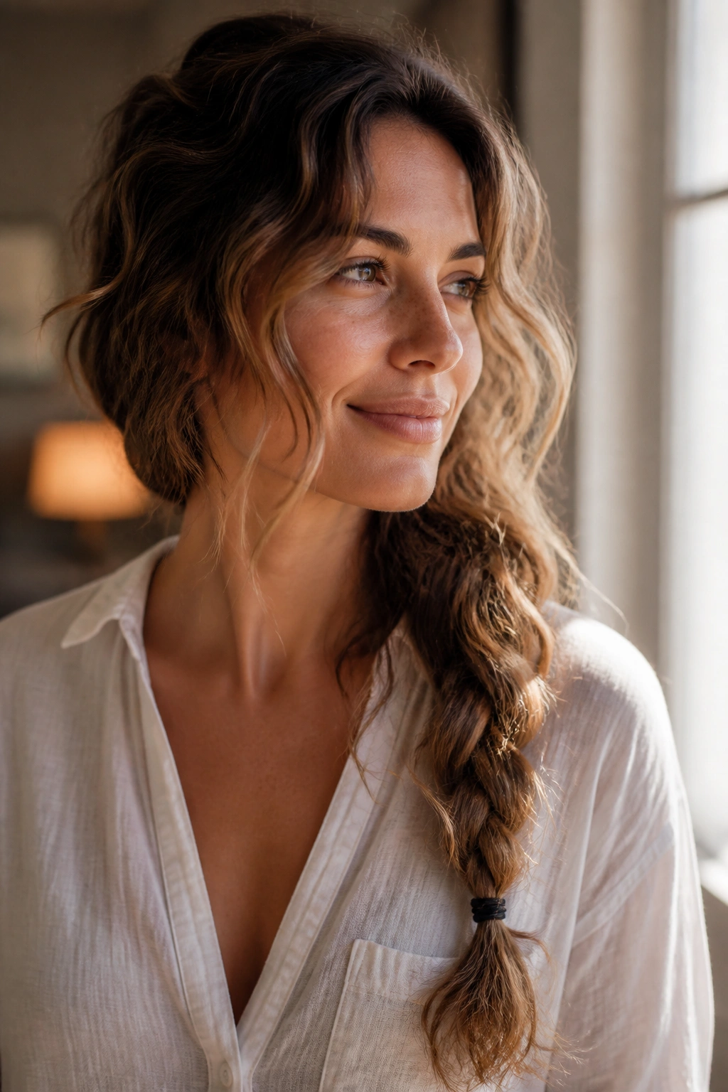Woman with side braid pulling waves over one shoulder.