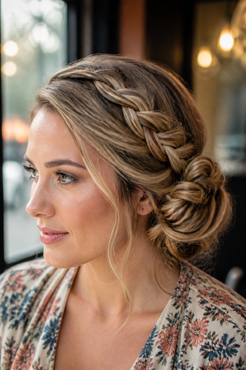 Close-up of a real woman with a side-part braid wrapped into a low bun on the opposite side