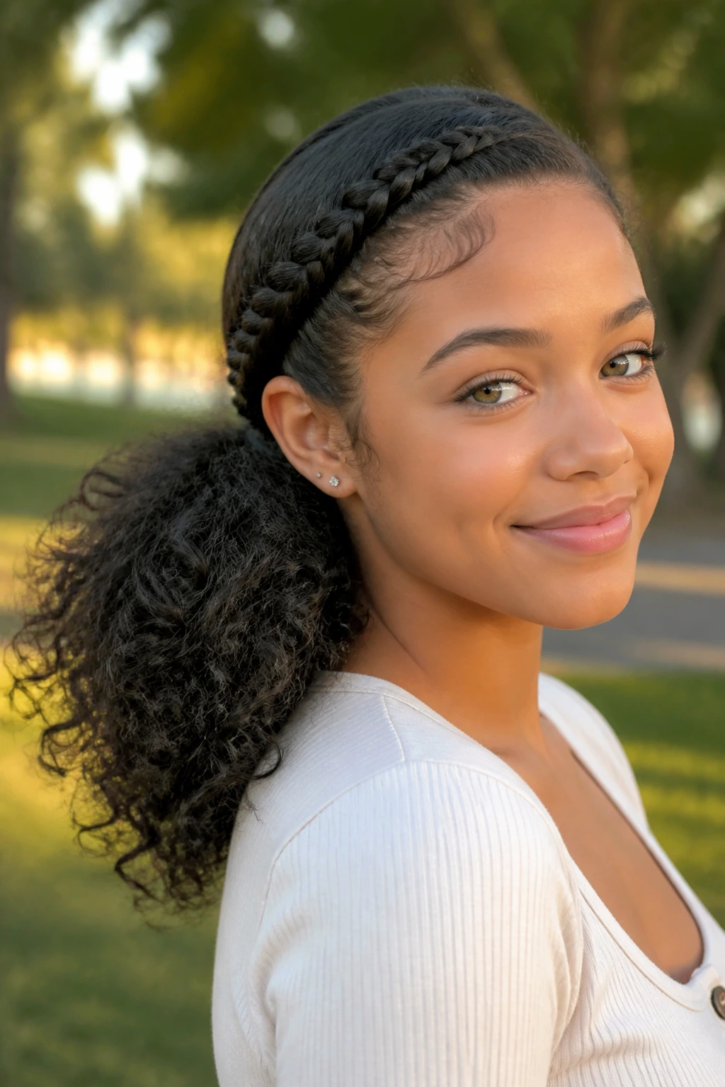 Close-up of real woman with side braid and ponypuff hairstyle