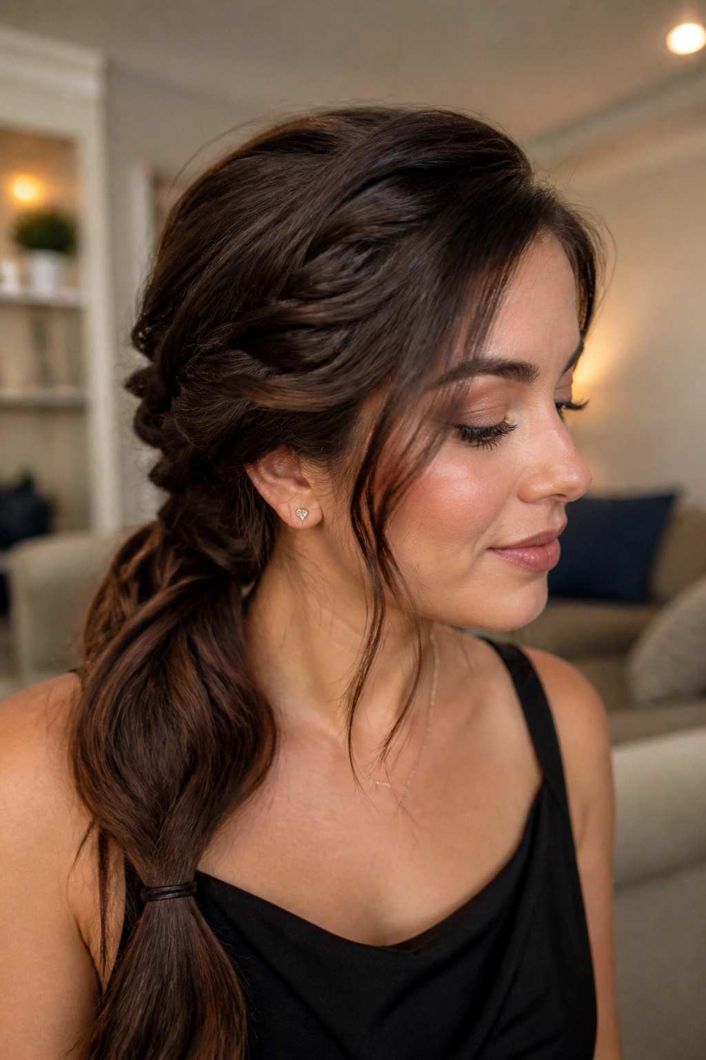 Woman with a side braided low ponytail in a cozy room