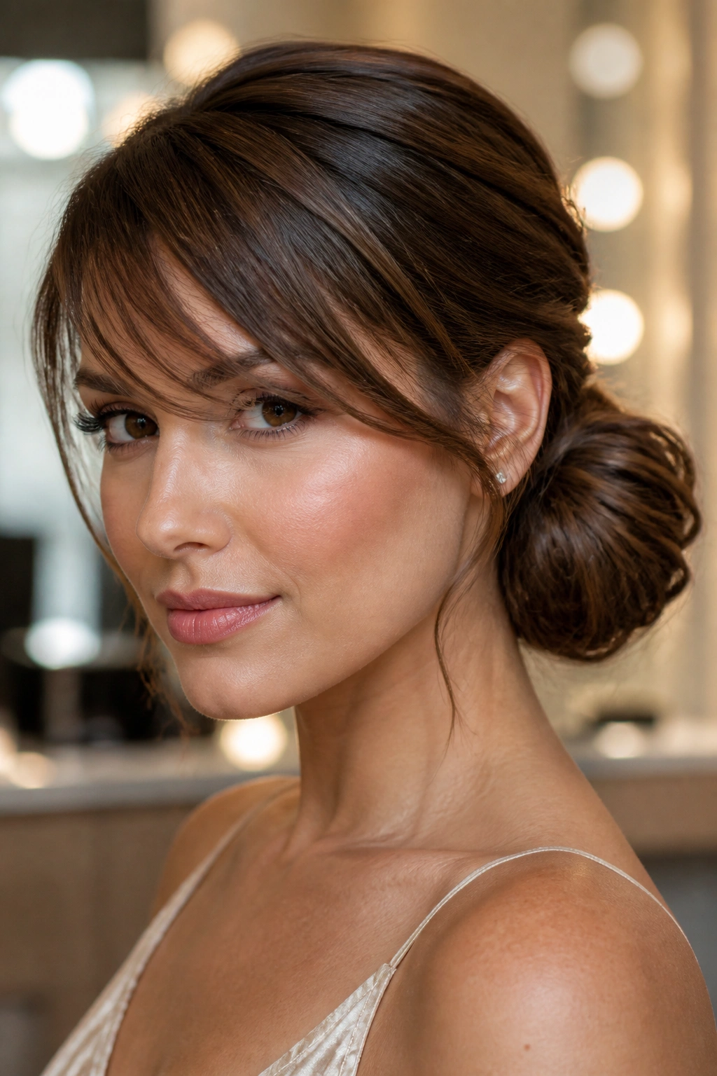 Close-up of side bun with angled bangs on a real person in a salon