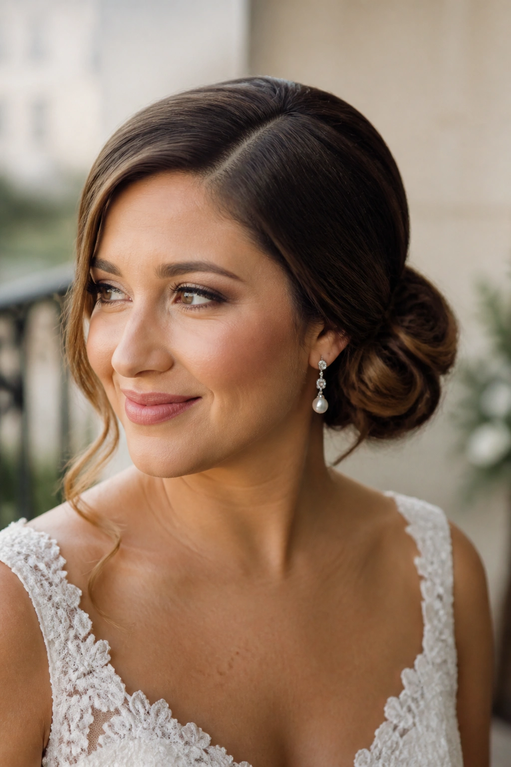 Bride with deep-part side bun tucked behind the ear
