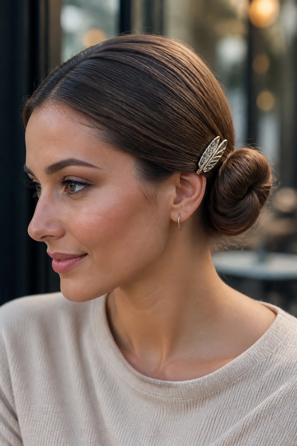 Real person with a sleek side bun and decorative clip
