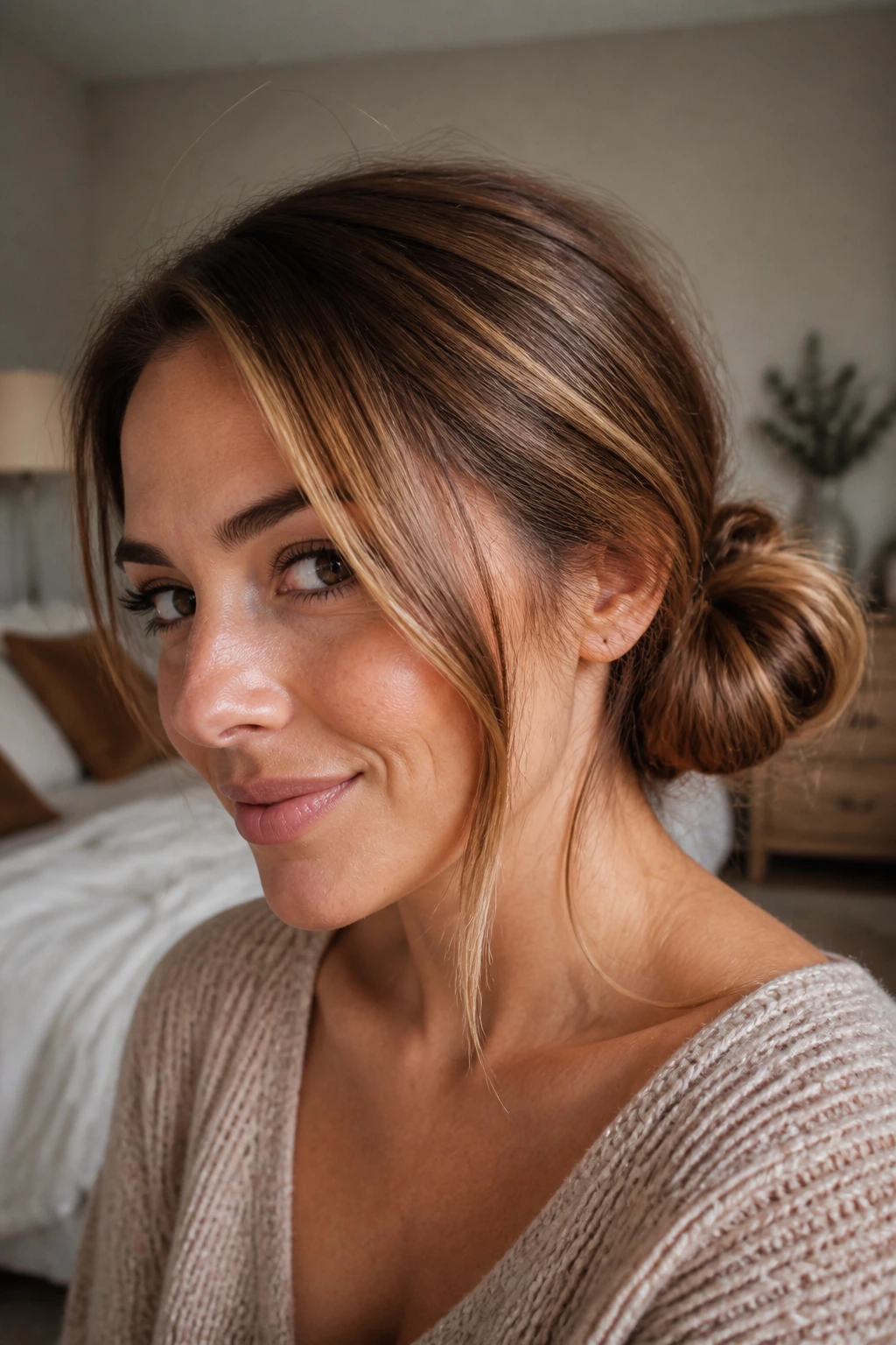 Close-up of real woman with a low side bun under soft window light