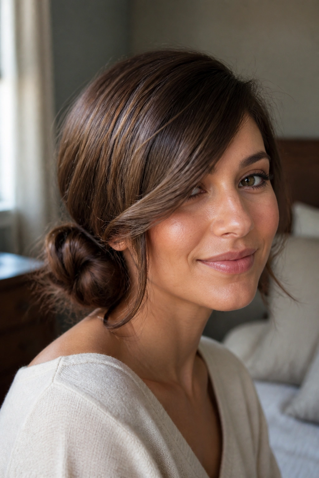 Close-up of a real woman wearing a side bun with long swept bangs under soft natural light