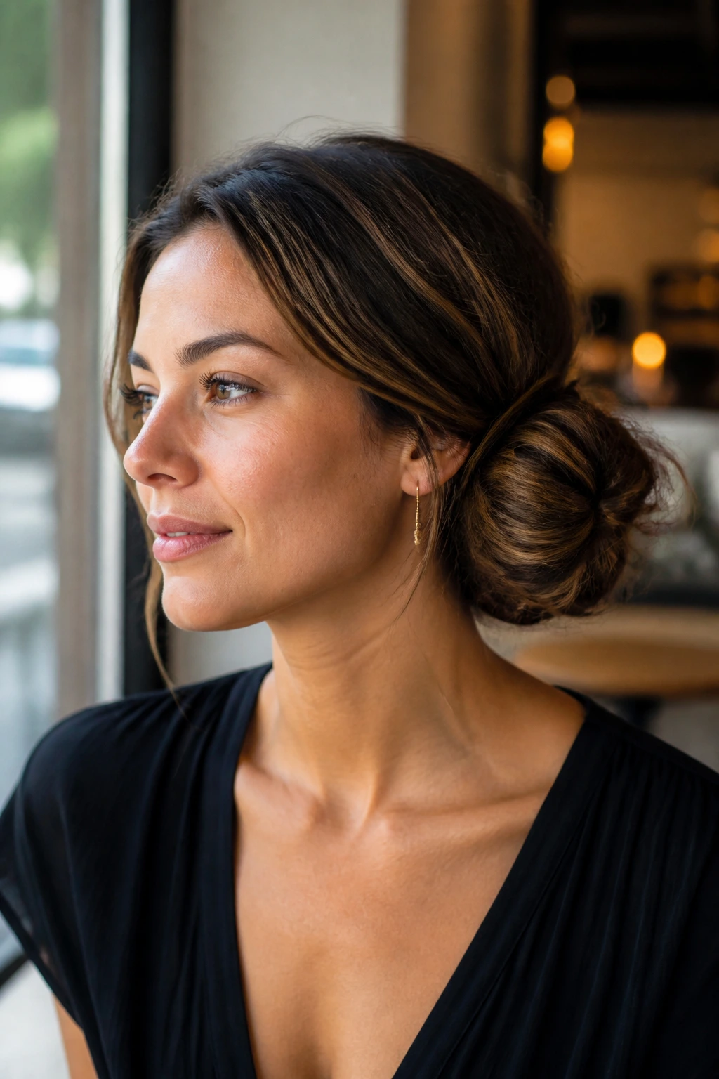 Close-up of a woman with a side bun behind the ear.