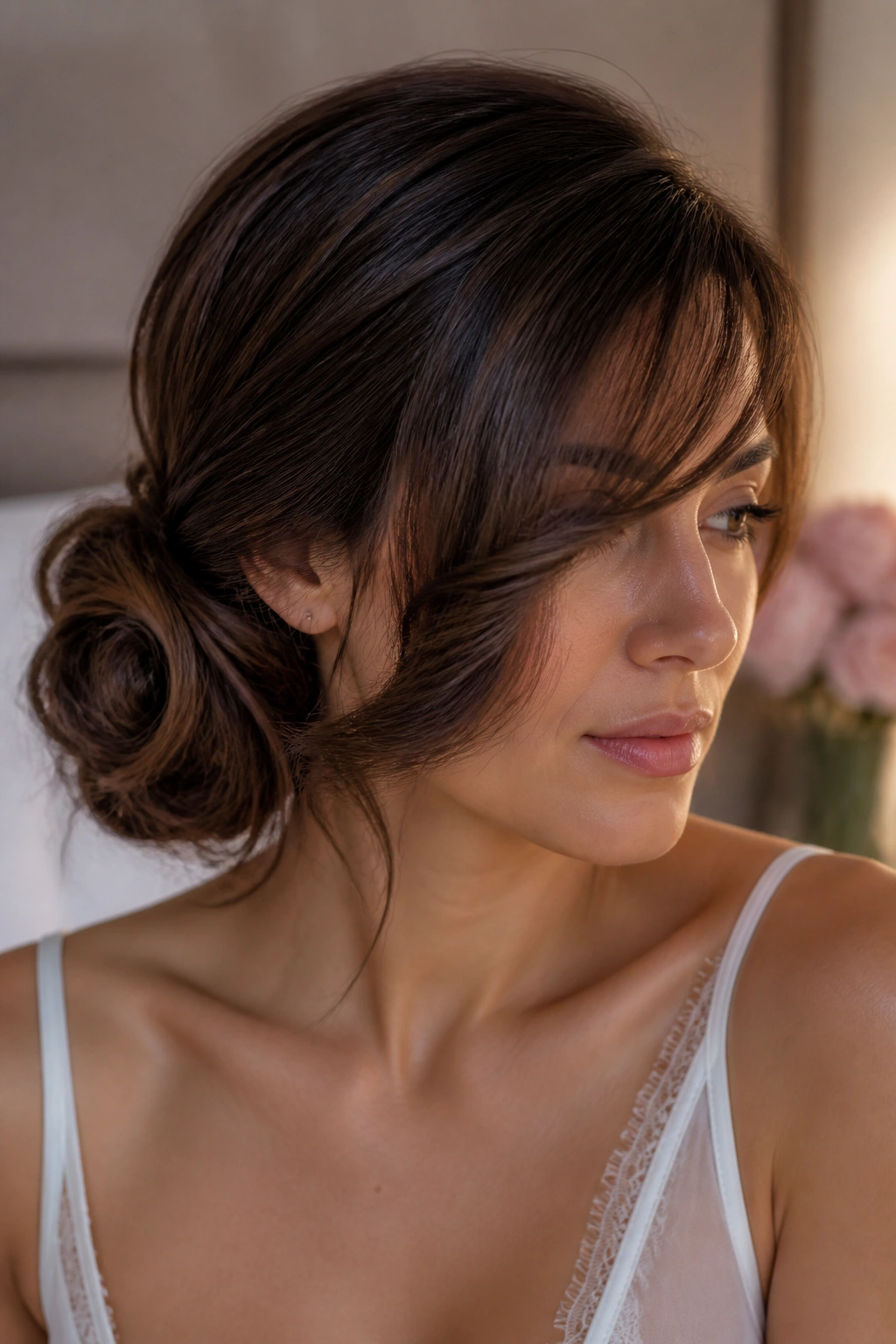 Close-up of a real woman wearing a side bun with long swept bangs