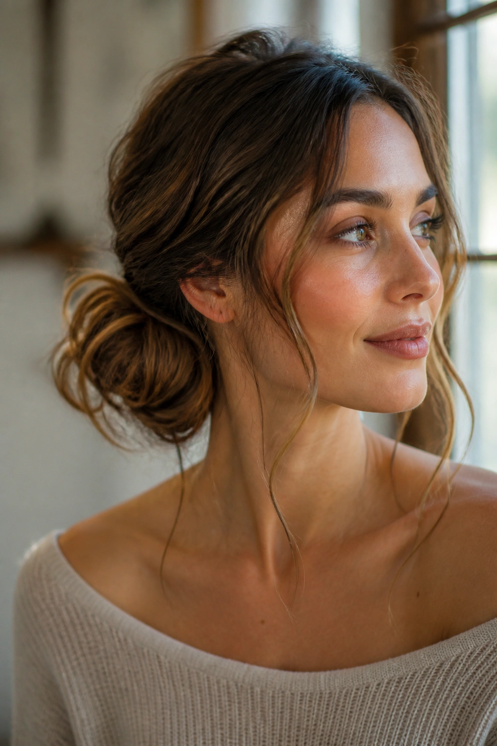 Woman with a side bun and tender wisps framing the face