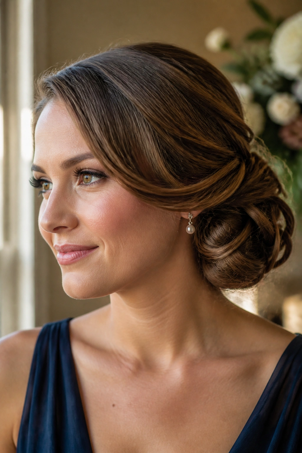 Close-up of a real woman with a side chignon and soft sweep behind the ear.