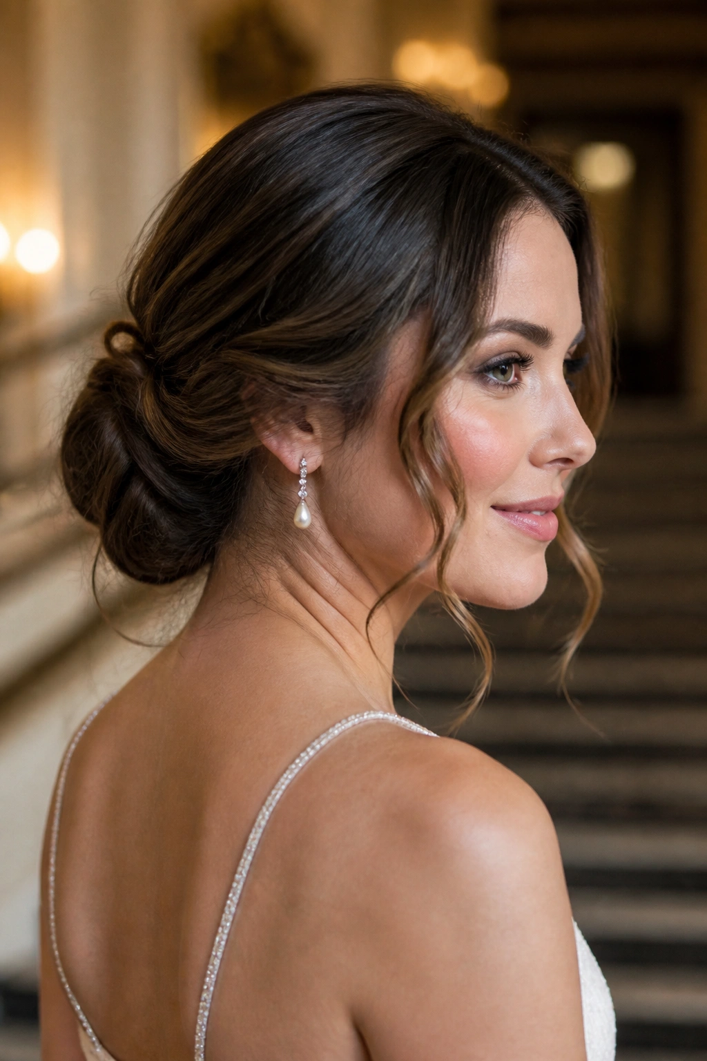Real woman wearing a side chignon with soft tendrils