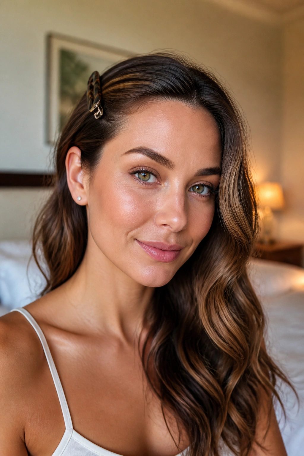 Close-up of real woman with side clip and tucked wave hairstyle
