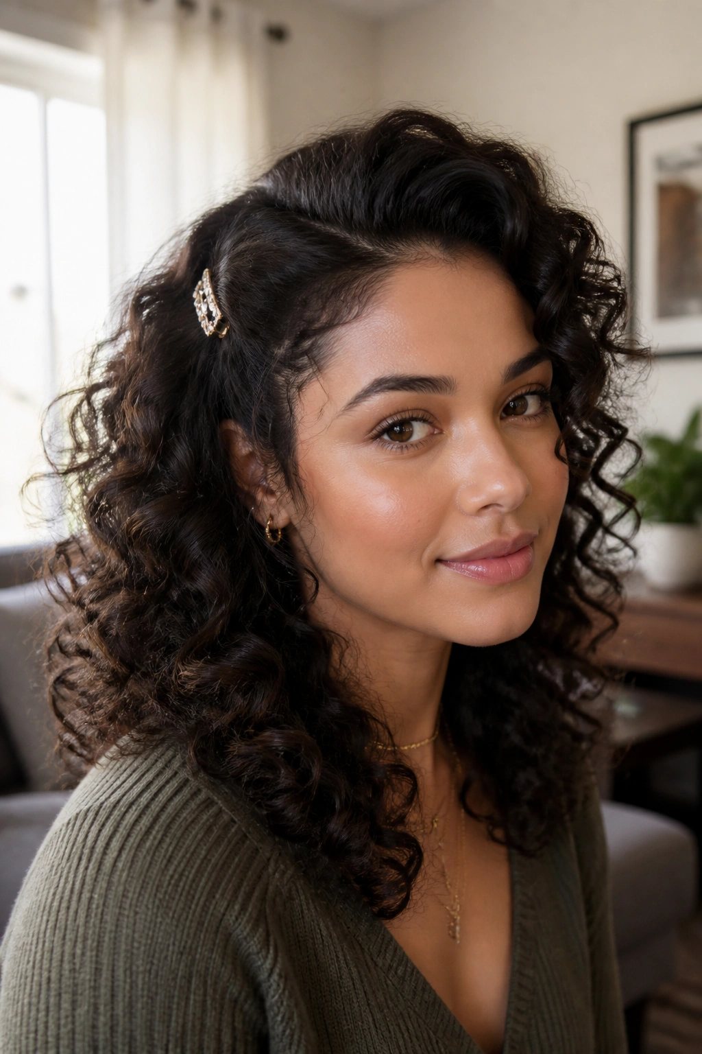 Close-up of real woman with side clip and volume in bright living room light