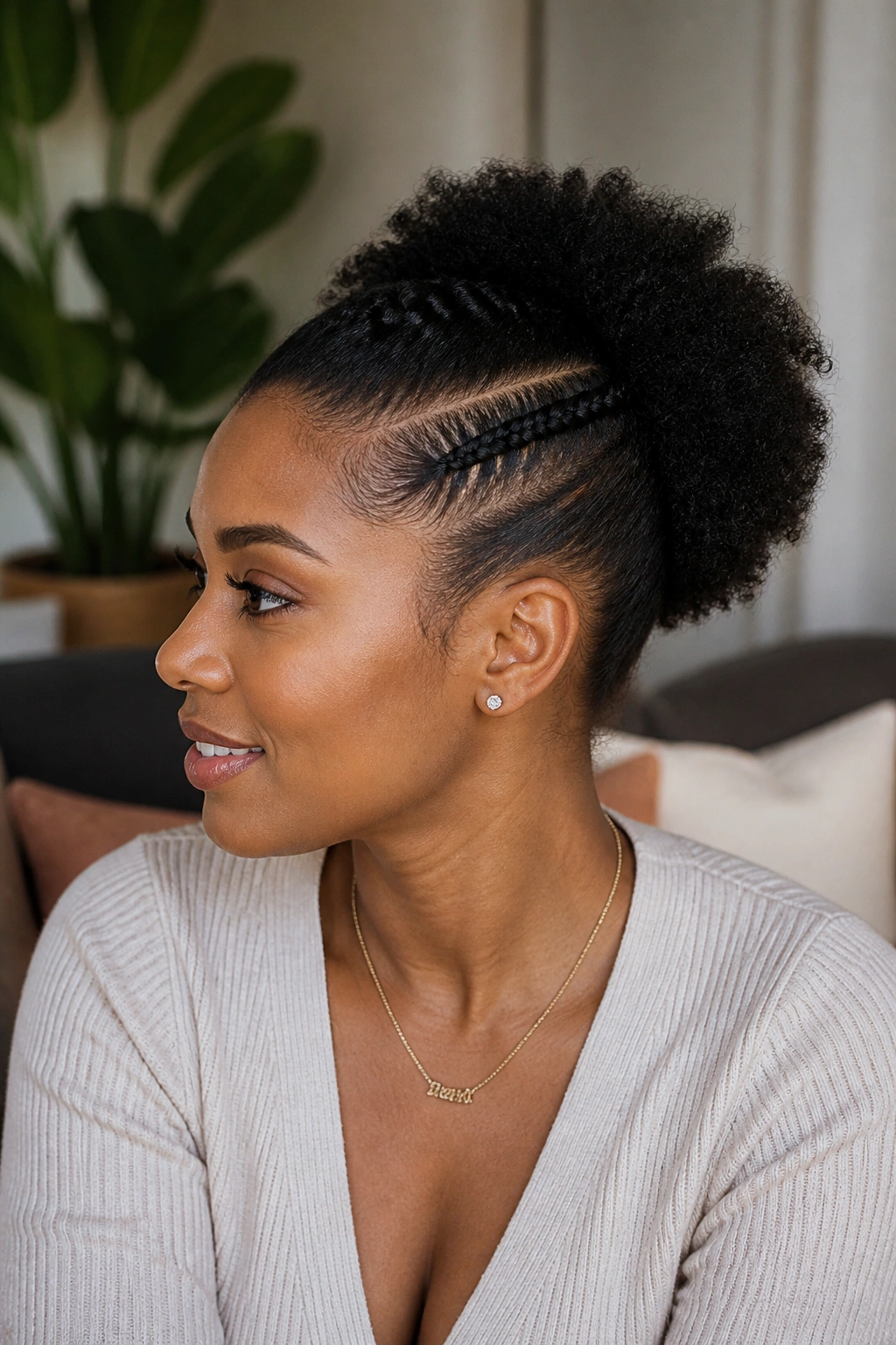 Close-up of a real person with a side cornrow and puff hairstyle